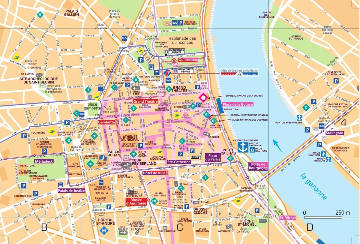 street map Bordeaux në qendër të qytetit